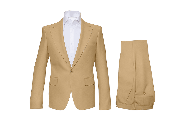 Tan seersucker suit. Peak lapel blazer with two front pockets and single-button closure. Matching trousers. Textured fabric with a subtle puckered pattern.