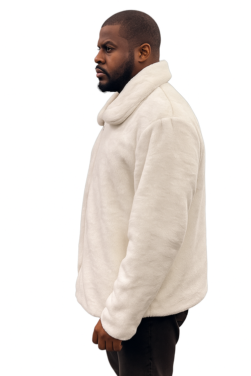 Men's White Fur Short Coat – Single Breasted, Full Zip, Regular Fit