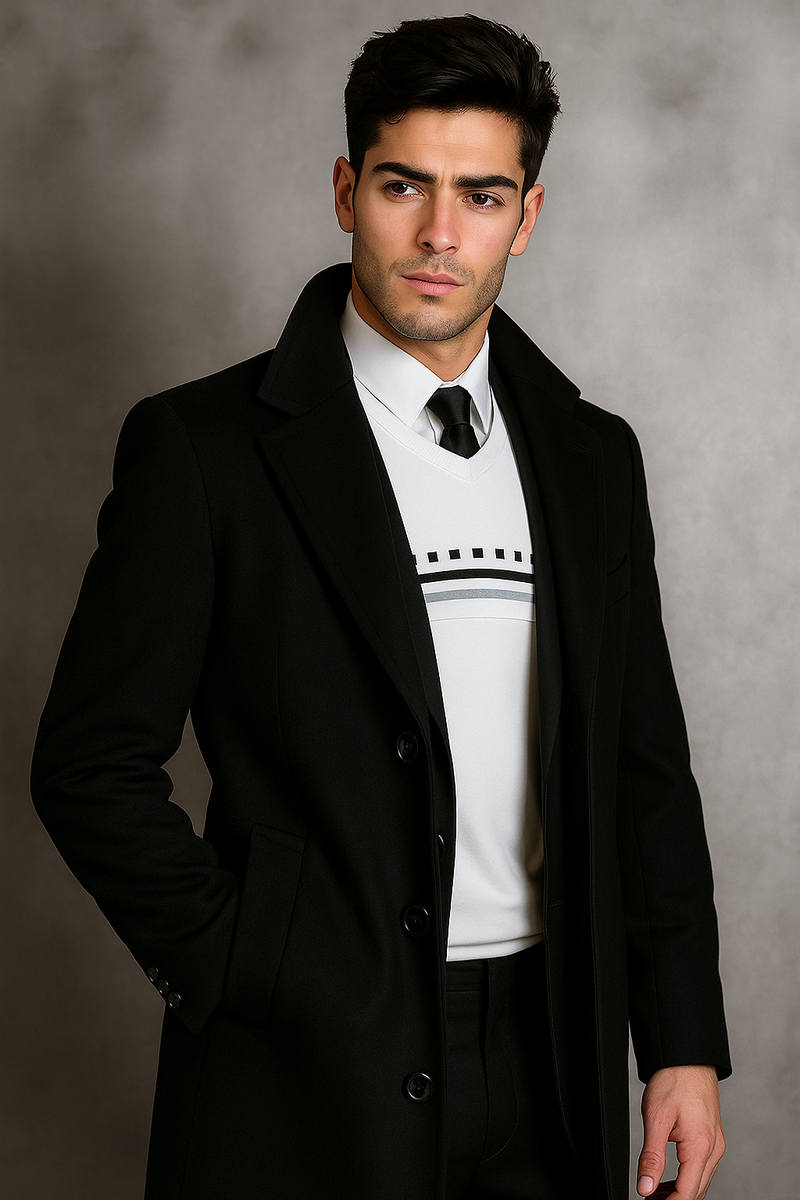 Men's Black Wool Overcoat Big & Tall Dress Topcoat in Dark Color