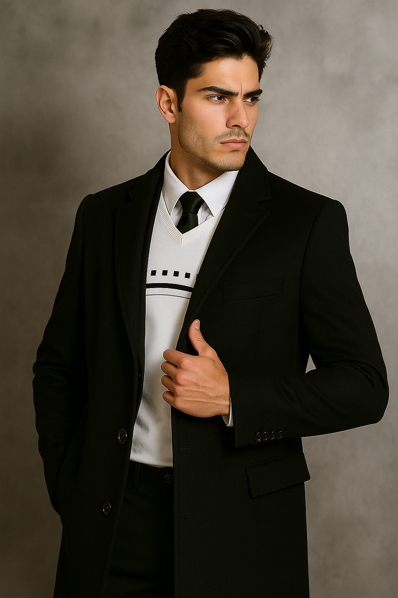 Men's Black Wool Overcoat Big & Tall Dress Topcoat in Dark Color