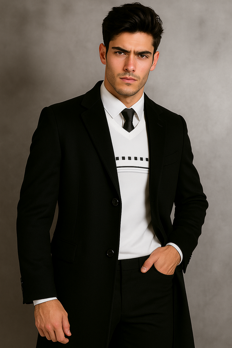 Men's Black Wool Overcoat Big & Tall Dress Topcoat in Dark Color