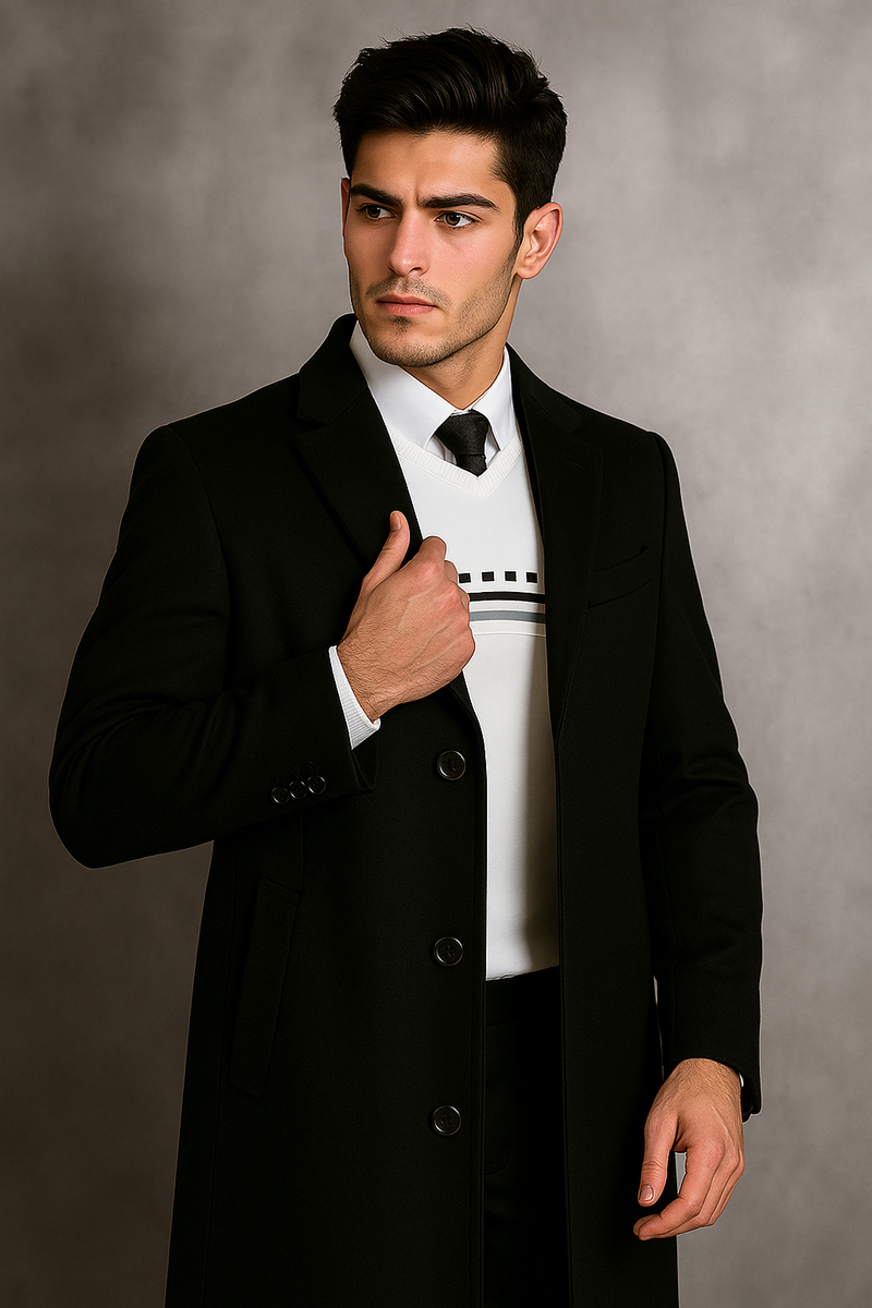 Men's Black Wool Overcoat Big & Tall Dress Topcoat in Dark Color
