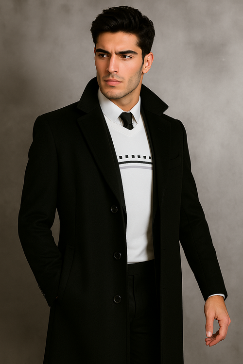 Men's Black Wool Overcoat – Big & Tall Dress Topcoat in Dark Color