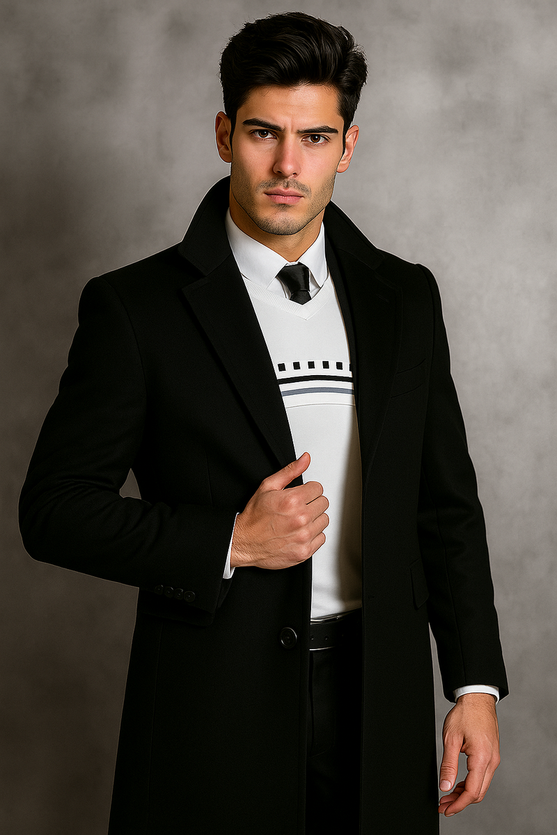 Men's Black Wool Overcoat Big & Tall Dress Topcoat in Dark Color