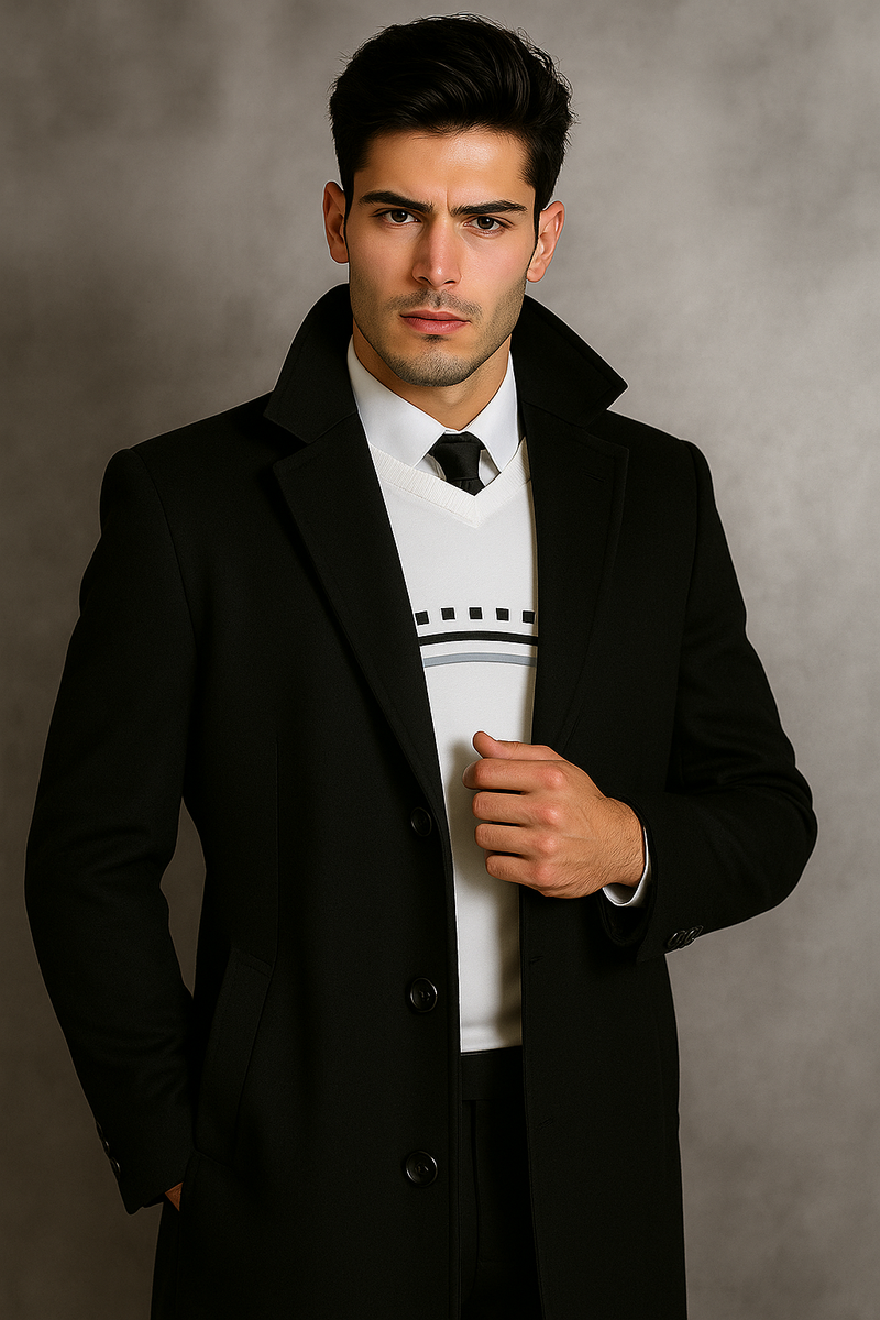 Men's Black Wool Overcoat Big & Tall Dress Topcoat in Dark Color