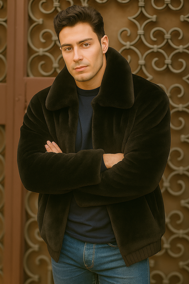 Men's Black Faux Fur Overcoat Fuzzy Warm Winter Jacket Style