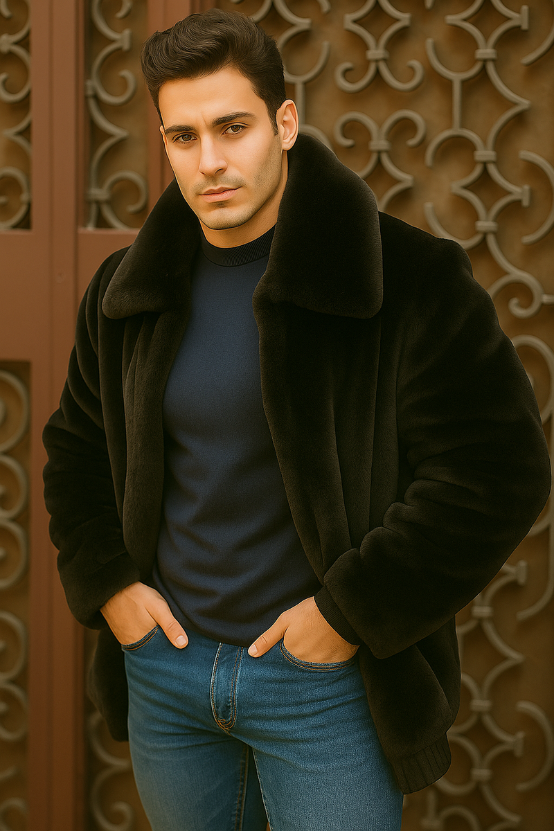 Men's Black Faux Fur Overcoat Fuzzy Warm Winter Jacket Style