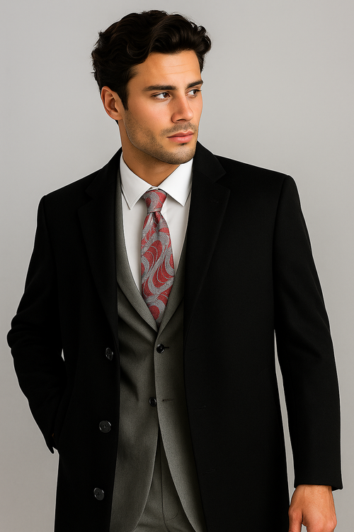 Alberto Nardoni men's black wool-cashmere overcoat. Classic long, tailored silhouette. Smooth wool-cashmere blend. Notch lapel, single-breasted two-button front, two pockets. Minimalist design. Elegant lines, structured fit.