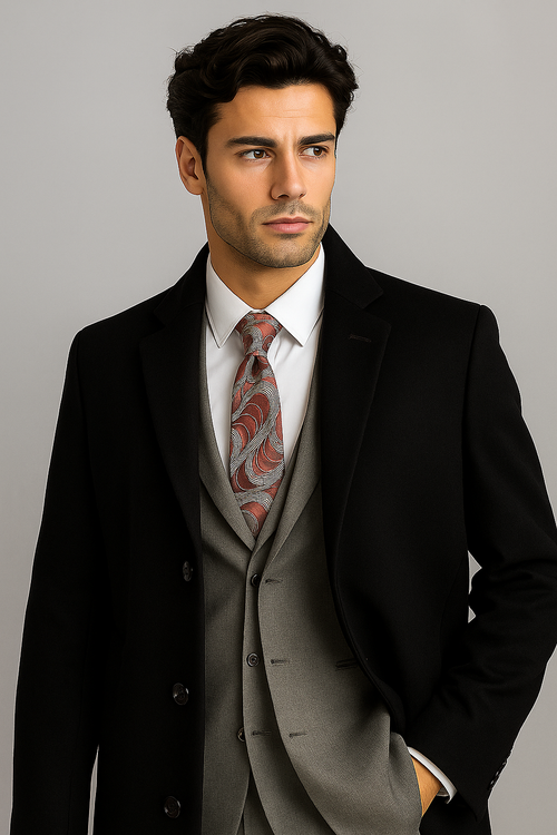 "Men's Wool & Cashmere Overcoat - Full Length Black Luxury Coat"