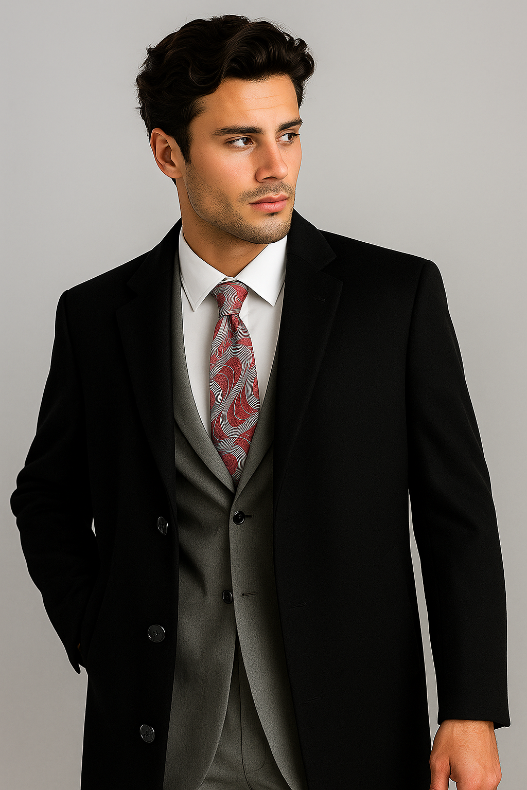 "Men's Wool & Cashmere Overcoat - Full Length Black Luxury Coat"