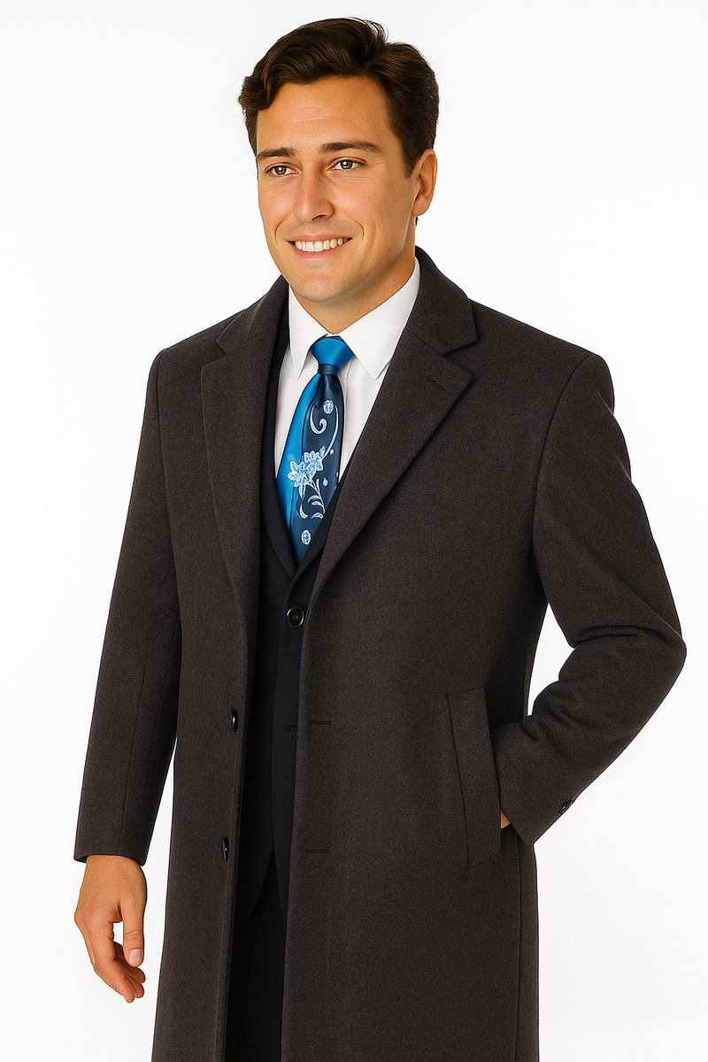 Men's charcoal grey wool-cashmere overcoat. Classic full-length, notched collar, two front pockets, and button closure.