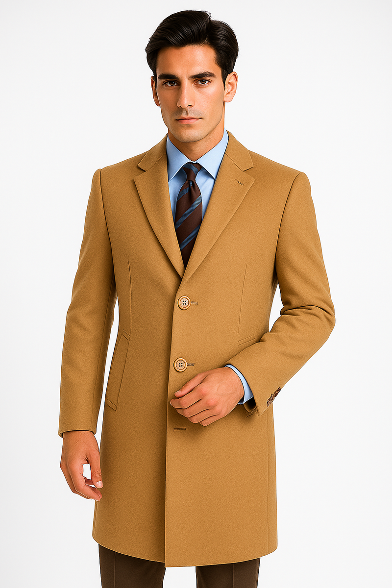Men's camel wool cashmere overcoat. Full-length, tailored silhouette with notched lapels and side pockets. Single-breasted, three-button closure. Soft, smooth material with button cuff detail. Classic, formal design.