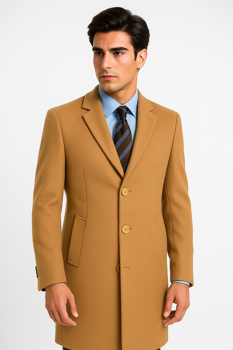 Men's camel wool & cashmere overcoat. Full-length, tailored fit, camel color, 3-button closure, notch collar, two pockets, and buttoned cuffs on long sleeves.