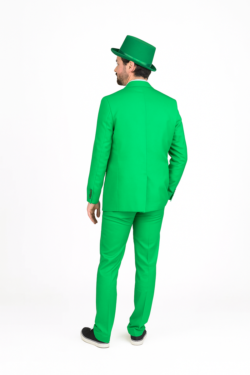 Bright green costume suit with matching top hat. Tailored jacket & fitted pants in solid green. Smooth fabric, uniform color, classic style.