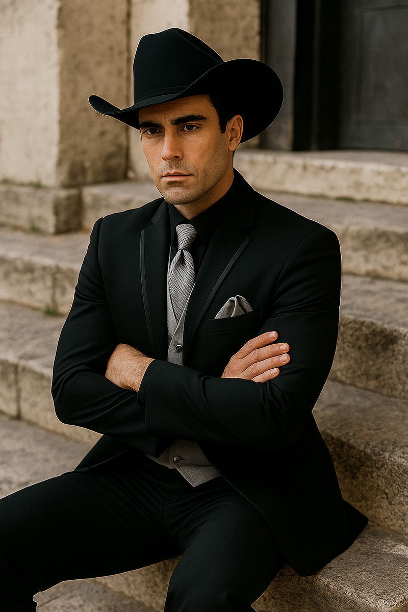 Men's black western tuxedo: blend materials, silver vest & tie. Includes black cowboy hat for a distinct western look.