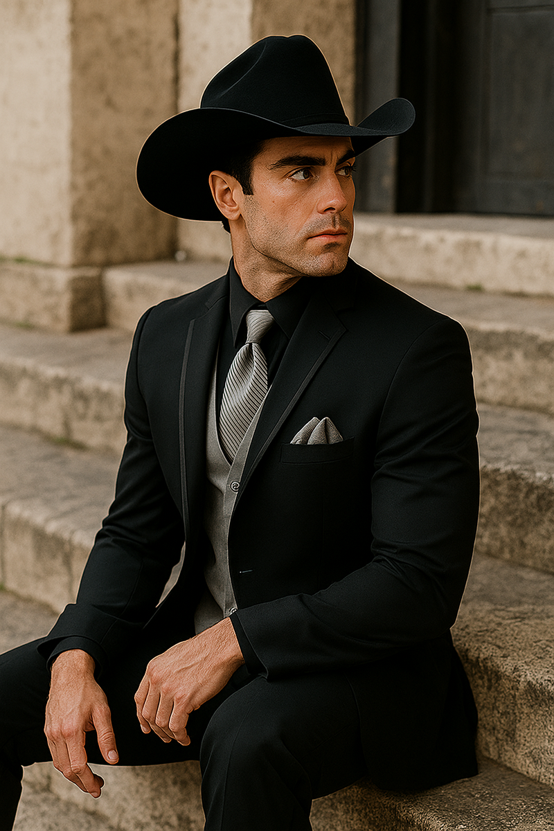 Men's black western tuxedo: sharp lapel jacket, fitted silhouette. Silver vest contrasts black shirt. Black cowboy hat. Clean lines, polished look.