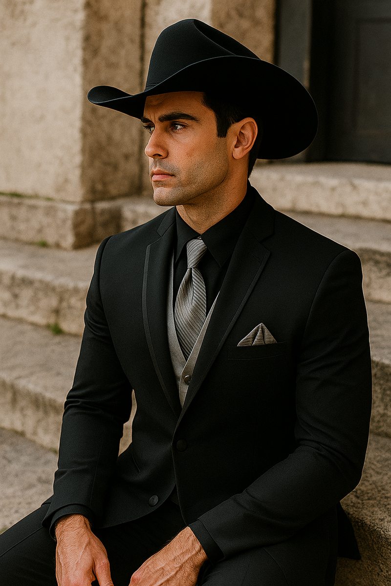Black western tuxedo: tailored jacket, shawl lapels, single button. Silver vest & patterned tie. Matching cowboy hat. Smooth fabric, subtle vest texture. Silver/grey pocket square.
