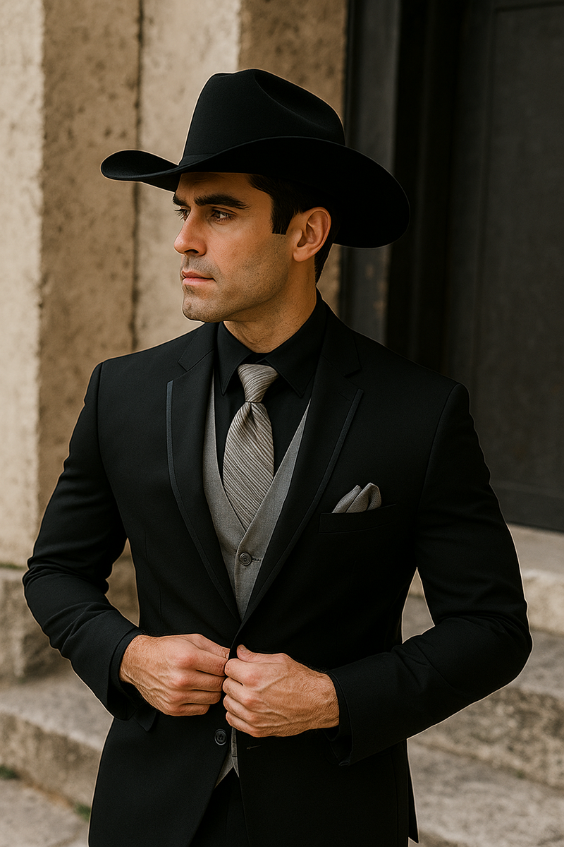 Black western tuxedo: fitted jacket, satin lapels, light silver vest & tie. Smooth fabric, sleek look. Cowboy hat & coordinated pocket square complete the stylish ensemble.