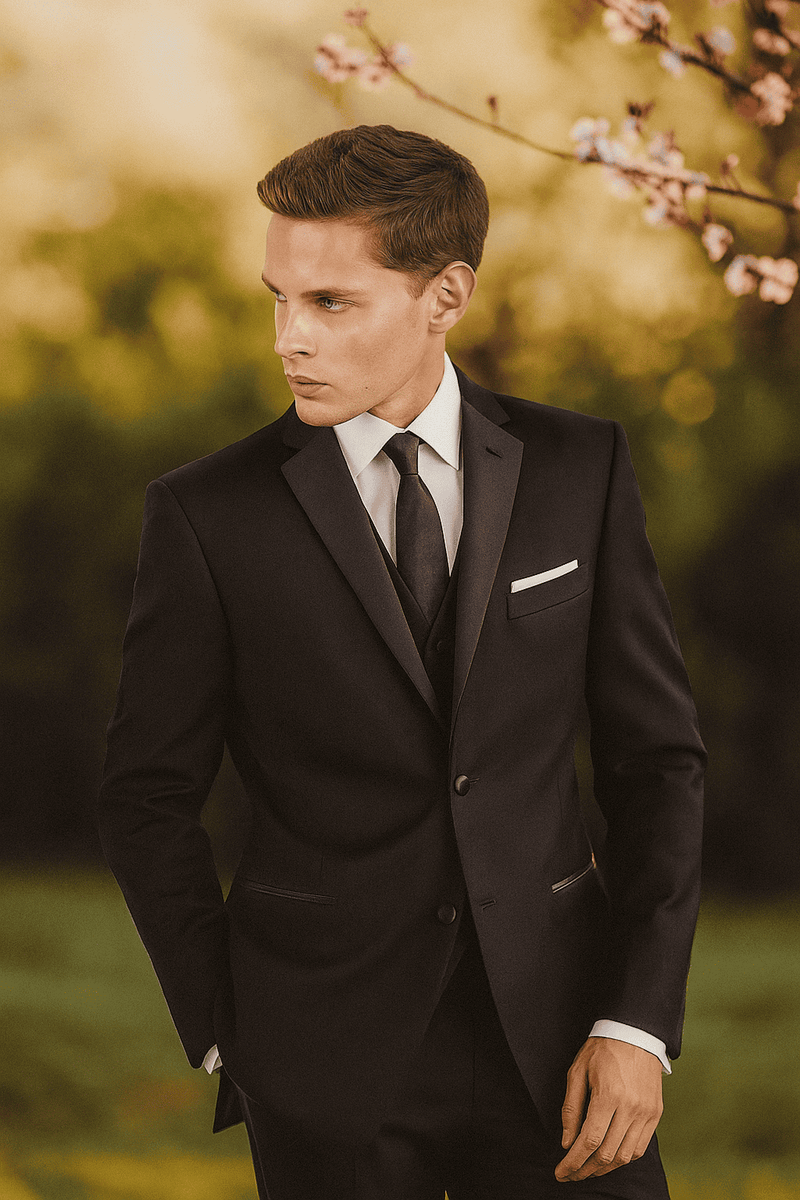 Mantoni black wool tuxedo. Tailored fit, 2-button closure, notch lapel. Includes white pocket square. Features well-defined shoulders, fitted sleeves, and matching black trousers. Sleek, classic design.