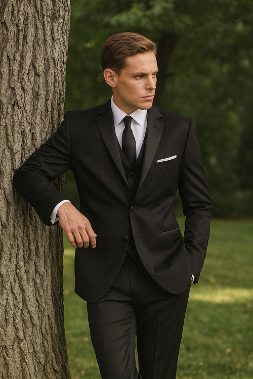 Alberto Nardoni Mantoni black wool tuxedo. 2-button, 2-piece. Tailored jacket, stepped lapel, narrow-trim pockets. Straight-cut trousers. Includes white shirt, black tie. Classic silhouette, smooth finish.