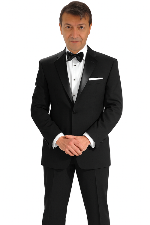 Alberto Nardoni Mantoni 140s tuxedo. Black wool, single-button, peaked lapels, structured. Includes white shirt, black bow tie, pocket square. Straight-leg trousers.