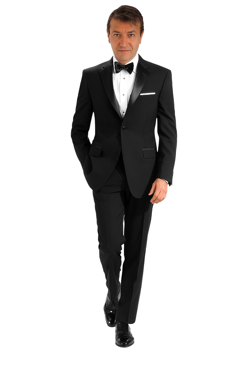 Mantoni 140s black wool tuxedo: single-button closure, structured lapels, tailored silhouette. Includes slim-fit trousers. Formal arrangement with white shirt & bow tie. High-quality wool texture.