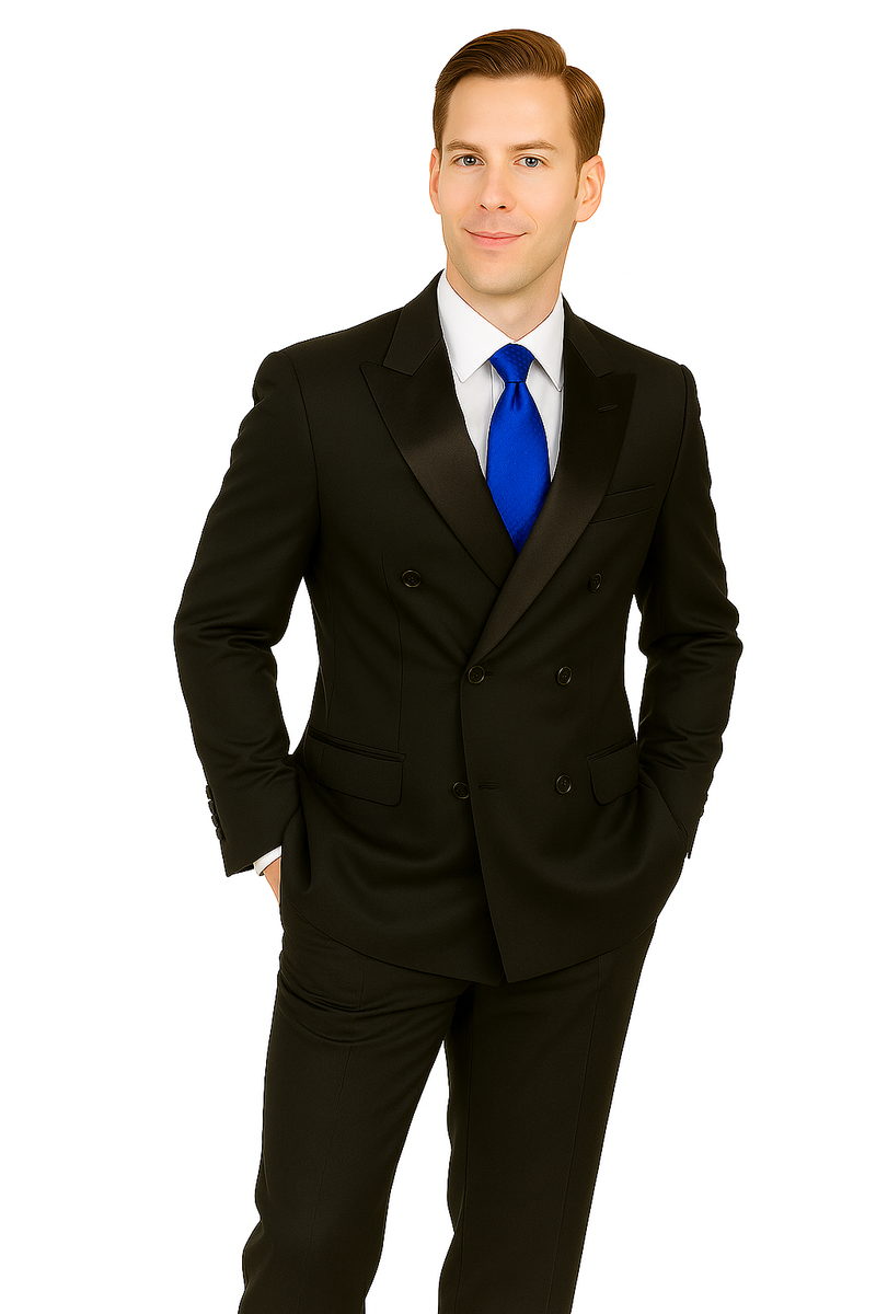 Giorgio Fiorelli by Alberto Nardoni double-breasted black stripe suit. Features a structured silhouette, satin lapel, and front pockets. Paired with a white shirt and blue tie. Slim-fitting trousers.