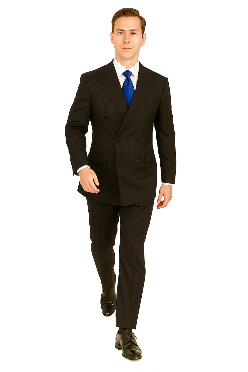 Giorgio Fiorelli double-breasted suit: black pinstripe fabric, tailored fit, double-row buttons. Matching straight-leg trousers. White shirt, blue tie, classic lapel.