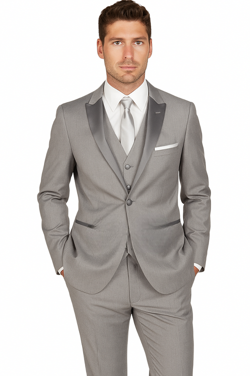 Grey three-piece tuxedo with two-button jacket, satin lapels, and three-button vest. Features side pockets and a smooth fabric finish.