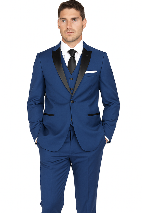 Arlan 2pc blue tuxedo. Fitted jacket with black satin lapels, side/chest pockets, white handkerchief. Straight-leg trousers.