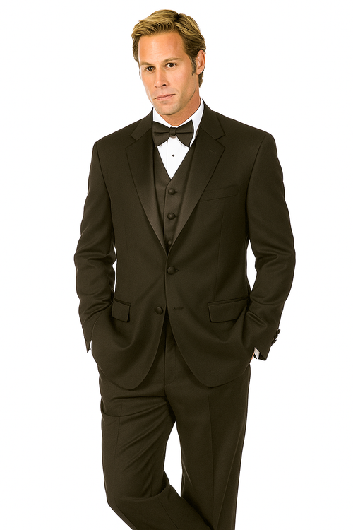 Classic black tuxedo: two-button front, adjustable fit. Satin lapel jacket, matching vest, and trousers. Perfect for formal events.