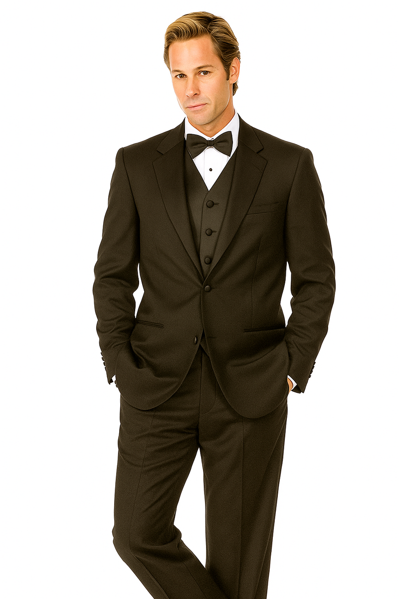 Black tuxedo with smooth fabric, two-button front, and adjustable fit. Includes a three-button vest and classic black bow tie.