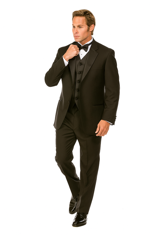 Classic black two-button tuxedo with a structured lapel. Smooth fabric, tailored straight-leg pants. Styled with a white shirt, bow tie, and a five-button vest for a formal, sleek look.