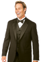 Classic black tuxedo with two-button closure, notched lapel, and vest. Smooth fabric, tailored fit. Worn with a white shirt and black bow tie.