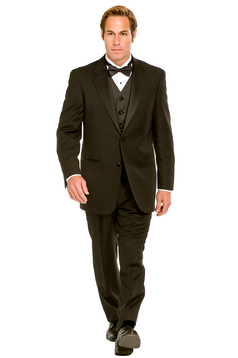 Black two-button tuxedo with smooth fabric, shawl collar, and a three-button vest. Designed for a tailored fit.