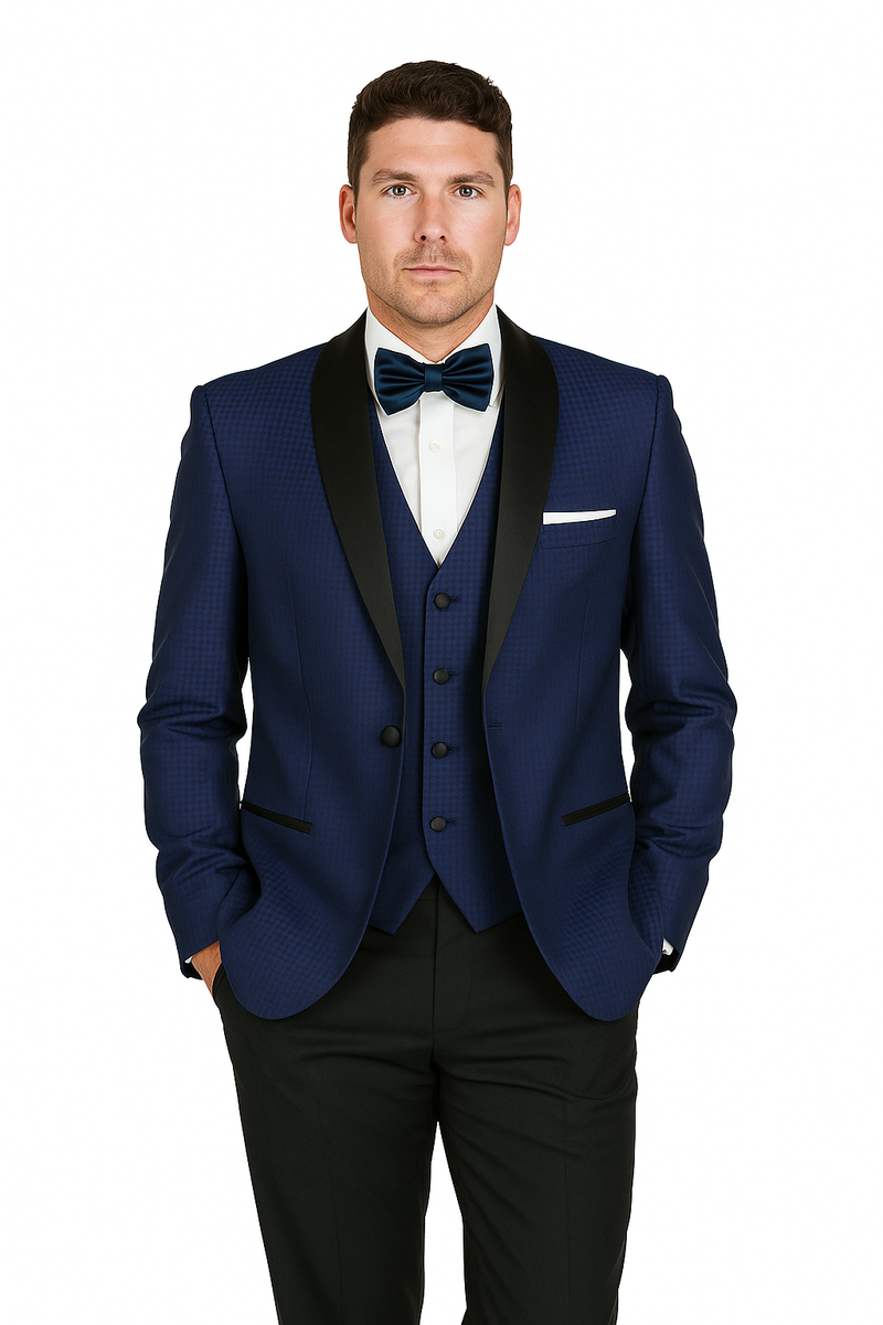 Arlan French blue tuxedo: one-button, peaked lapel jacket with textured fabric. Includes coordinating vest and bow tie. Structured fit, black trousers.