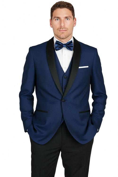 Arlan French Blue tuxedo: One-button, tailored fit. Textured blue fabric with black satin lapels. Includes two side pockets and a breast pocket.