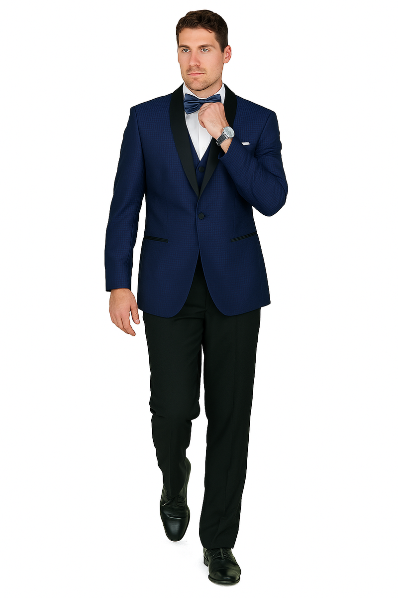 Arlan French blue tuxedo with single-button closure, textured fabric, and black satin shawl lapel. Includes black trousers and a white shirt.