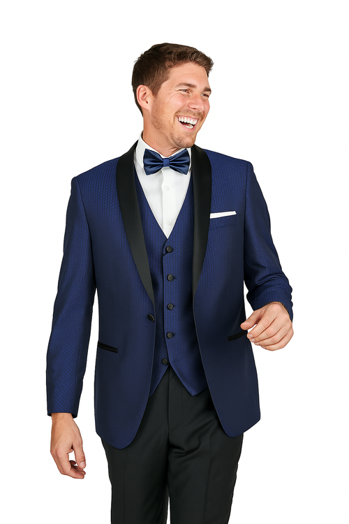 Arlan French blue tuxedo: single-button, notched lapel, textured fabric. Includes a 5-button waistcoat. Deep blue with satin lapels and detailing. Tailored with two side pockets.