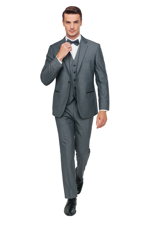 Sharkskin gray Oscar tuxedo: fitted single-breasted blazer (3 buttons), matching trousers. Smooth, subtly shiny material. Classic white shirt, black bow tie. Tailored, structured formal style.
