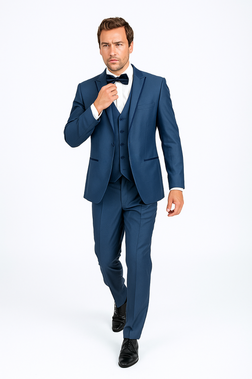 Solid blue tuxedo with smooth fabric. Single-breasted jacket, notch lapel, and matching waistcoat. Straight-fit pants, black bow tie, and black dress shoes complete the formal ensemble.