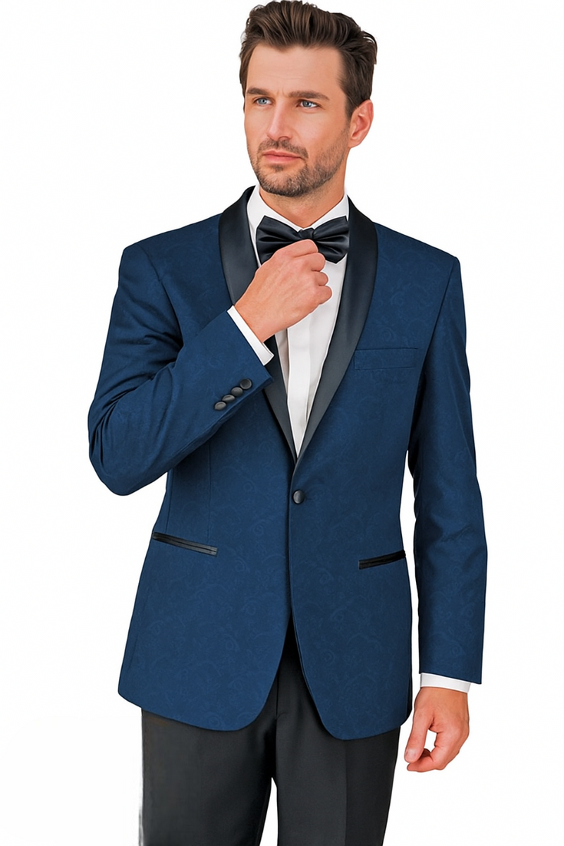Burgundy, gray, and blue paisley tuxedo with shawl collar. Textured fabric, black accents on pockets/lapel, single-button closure, and tailored fit for a formal look.