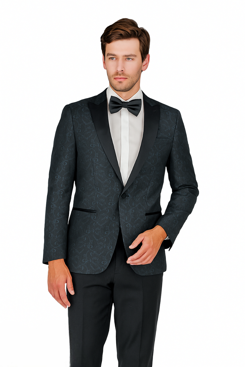 Black tuxedo with subtle floral pattern. Structured lapels, single-button closure, and two front pockets. Includes matching black trousers. Sophisticated design.