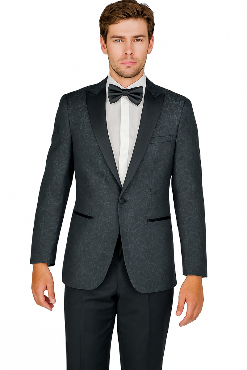 Giorgio Fiorelli's Arlan tuxedo: fitted black jacket with paisley texture, satin shawl collar, and trim. Single-button closure, two pockets. Straight-leg black trousers.