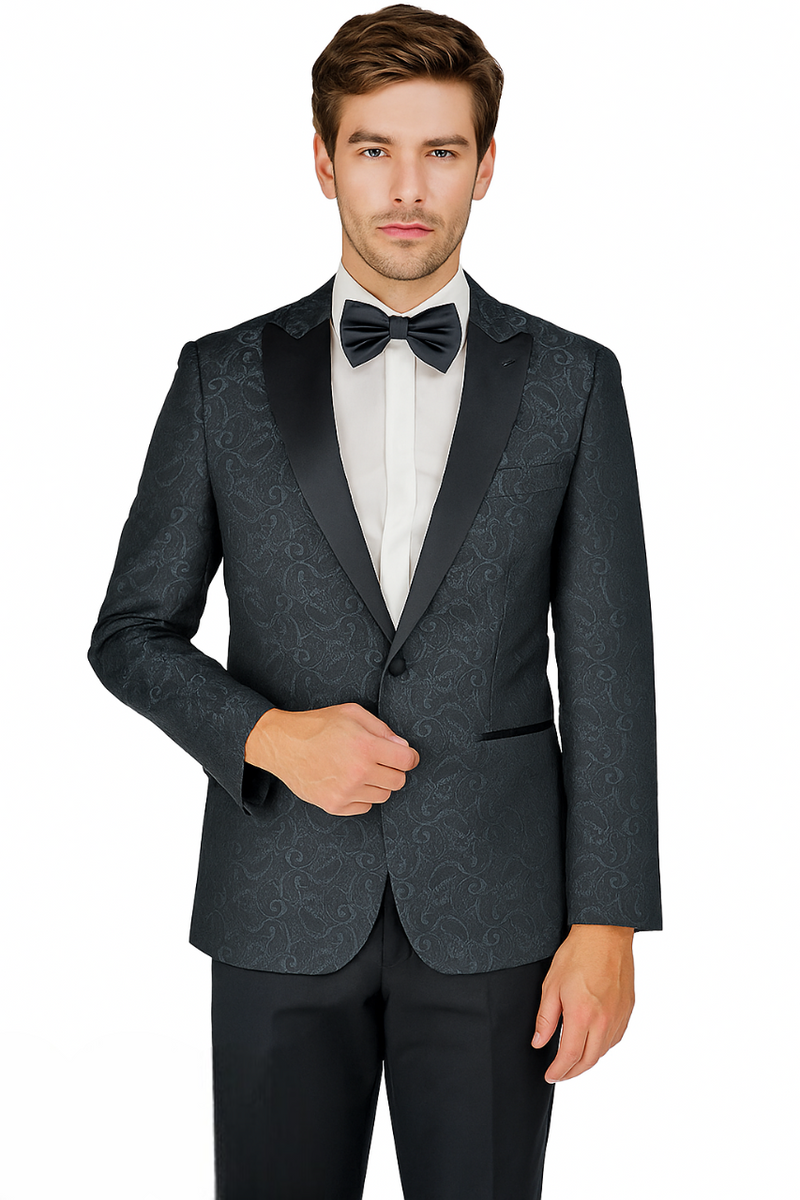 Giorgio Fiorelli's Arlan paisley tuxedo: fitted dark fabric with subtle paisley, satin shawl lapel, single-button closure. Paired with white shirt, black bow tie, and trousers. Formal look.