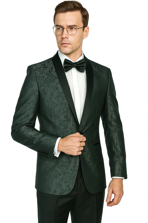 Dark green jacquard tuxedo with a floral pattern, shawl collar, and single-button closure. Includes a black bow tie and matching tailored trousers. Fitted silhouette.