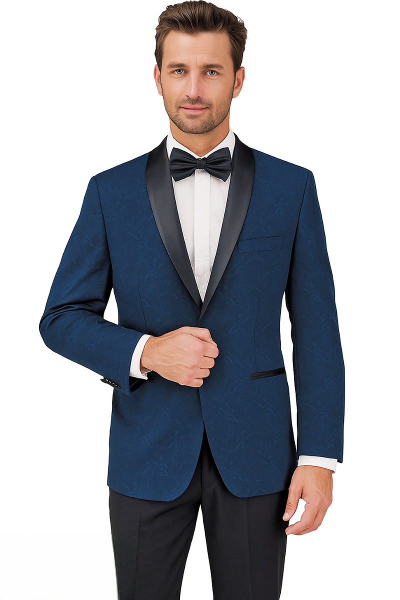 Giorgio Fiorelli paisley tuxedo: blue base with burgundy/gray paisley, black shawl lapel. Fitted jacket with one breast pocket. Classic, elegant design.
