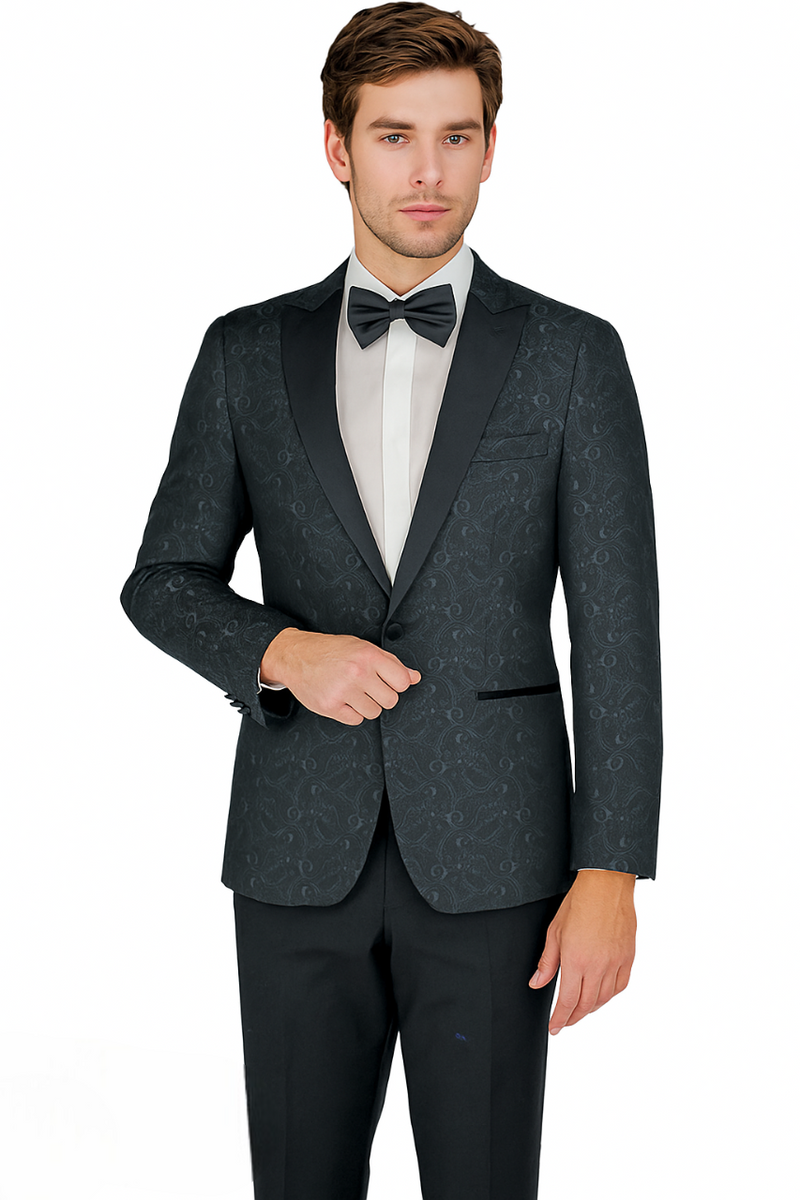 Arlan Paisley tuxedo: fitted black jacket with subtle paisley, black satin shawl lapel, flap pockets. Matching trousers, white shirt, and black bow tie complete the look.