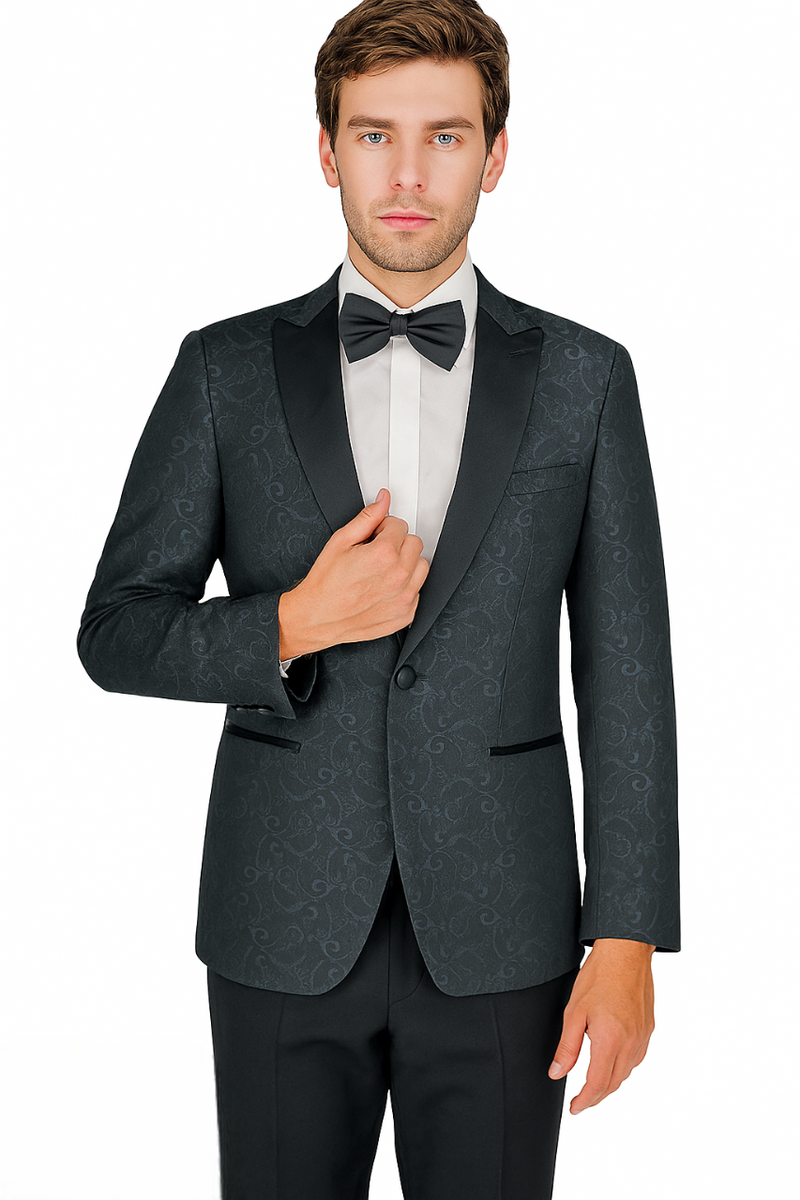 Giorgio Fiorelli's Arlan Paisley tuxedo: burgundy/blue-black paisley on dark fabric. Black satin peak lapel, single-button jacket, black pants, white shirt, and bow tie.