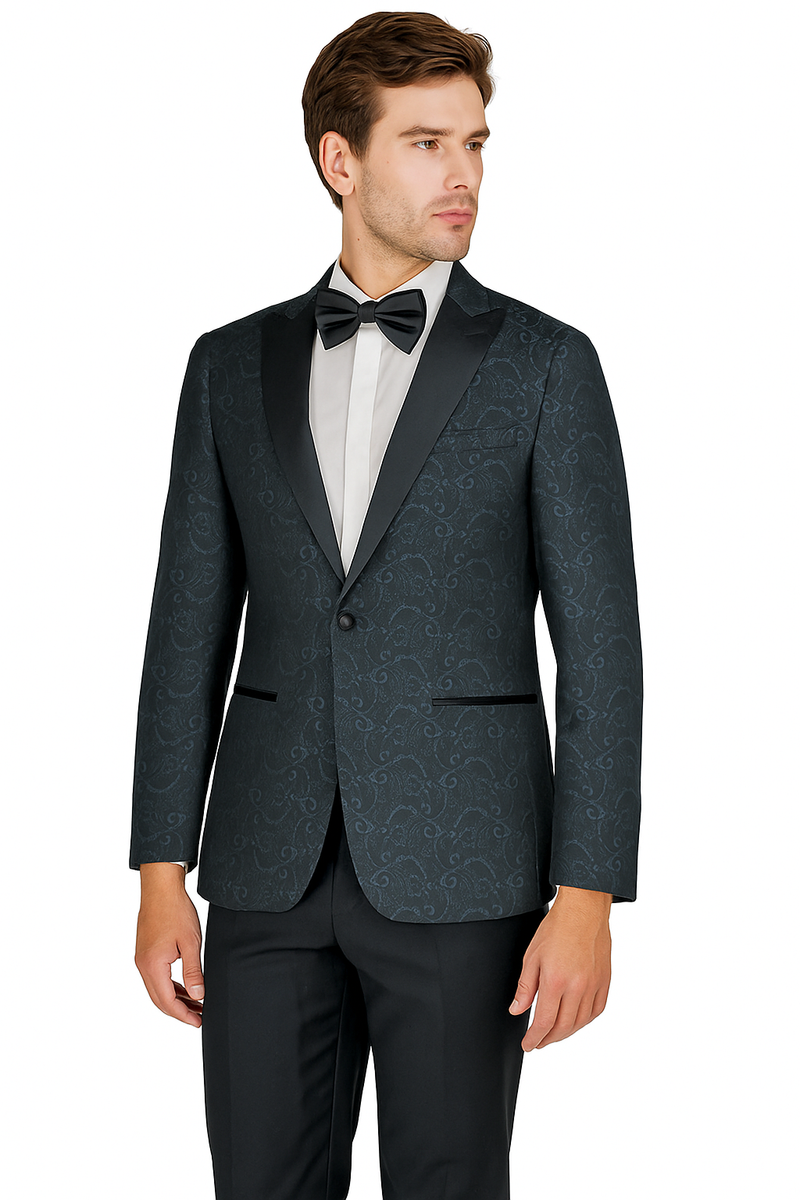 Arlan Paisley tuxedo: fitted silhouette, black base with subtle paisley. Contrasting satin lapel, single-button closure. Tailored black trousers. Stylish and sophisticated.